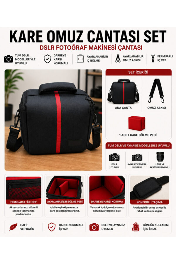 Fotoğraf Makinesi Çantası DSLR ve Aynasız Kamera Uyumlu Kare Omuz Çantası Ayarlanabilir Bölmeli